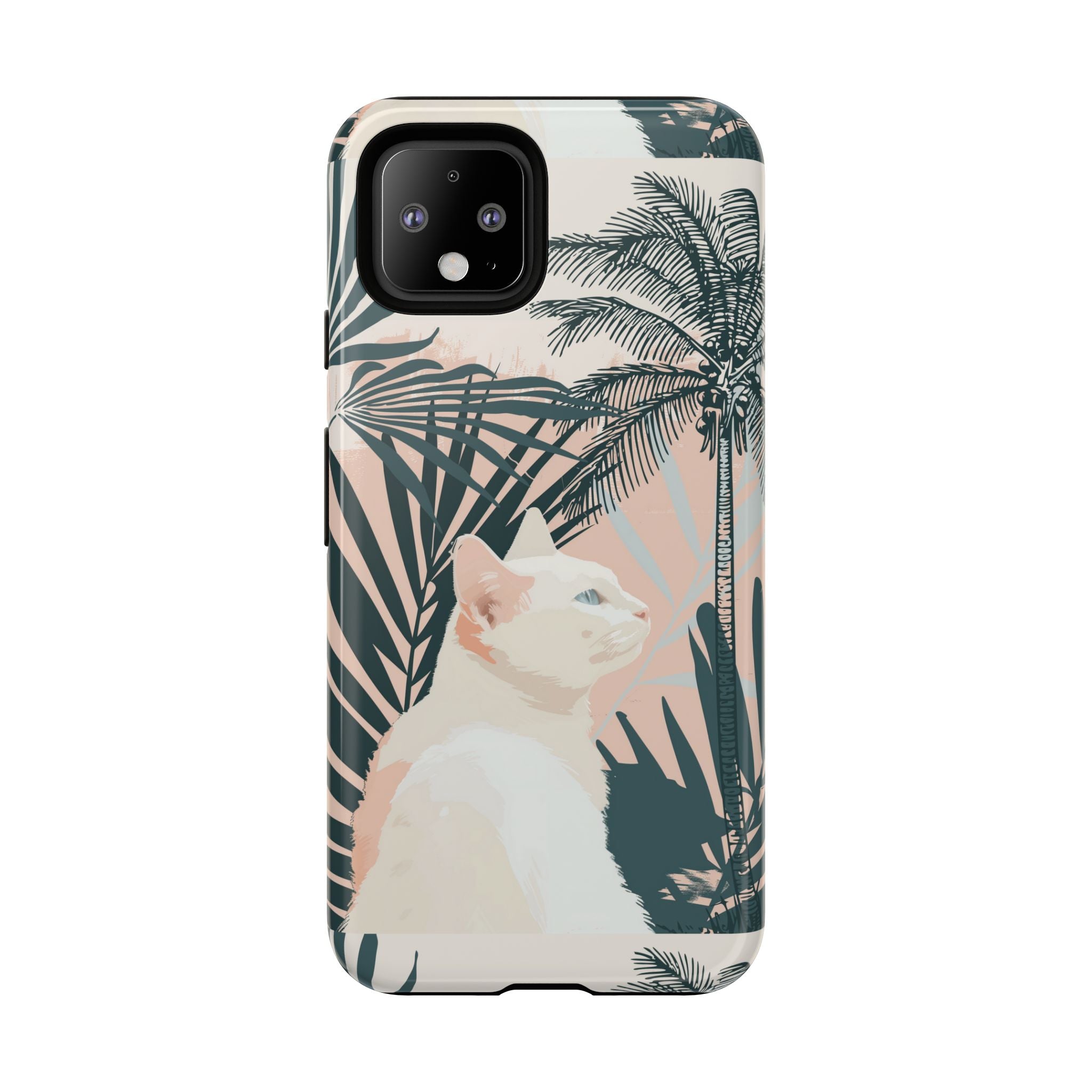 Custodia per telefono con gatto tropicale, motivi di palme lussureggianti e tenui colori pastello