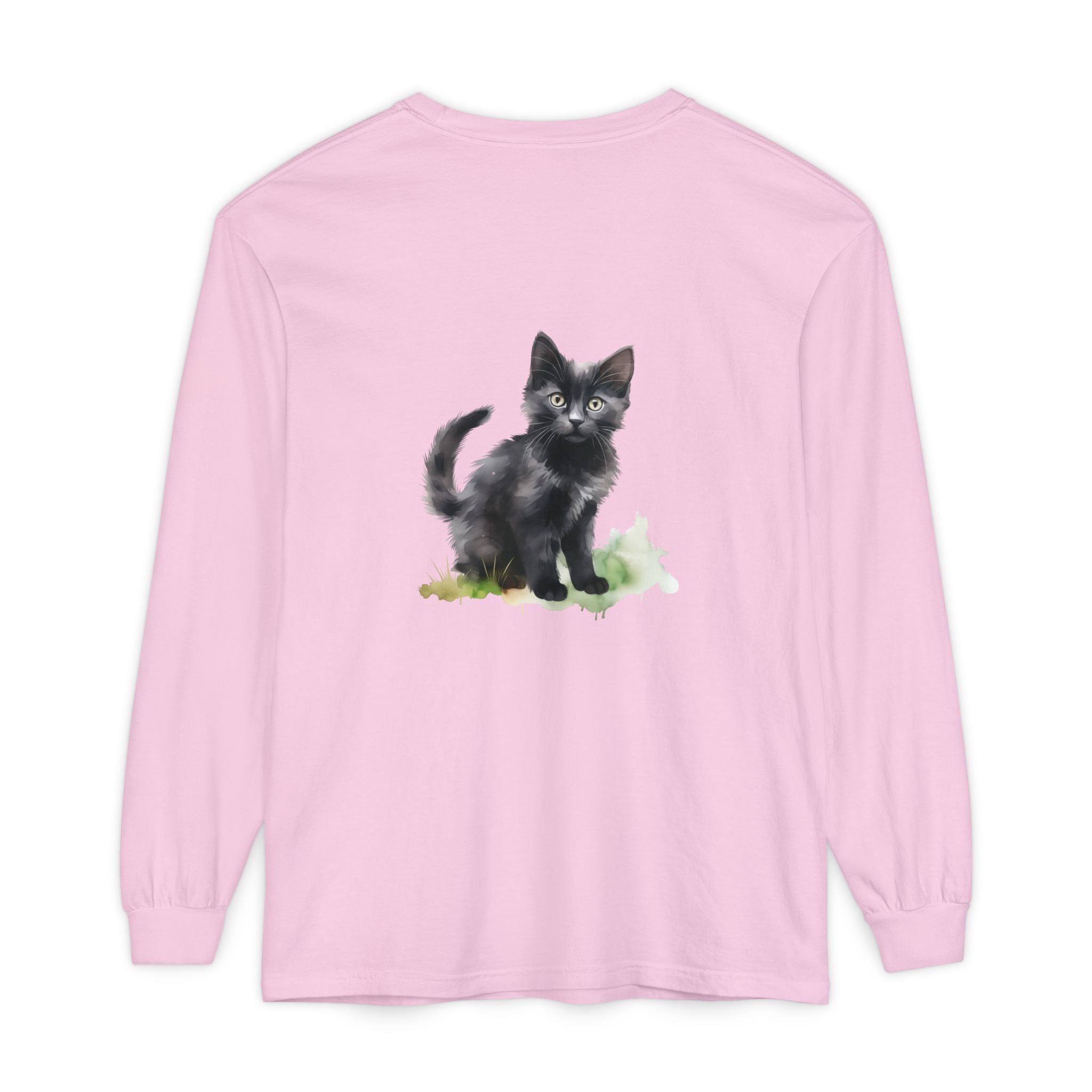 Maglietta a maniche lunghe con gatto nero e acquerello