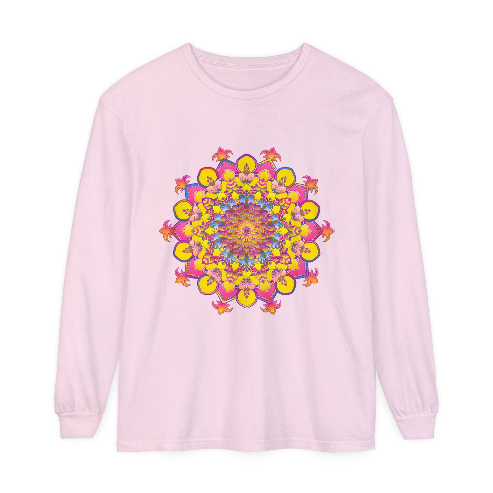 Colorful and intricate mandala design on a comfortable unisex long sleeve t-shirt