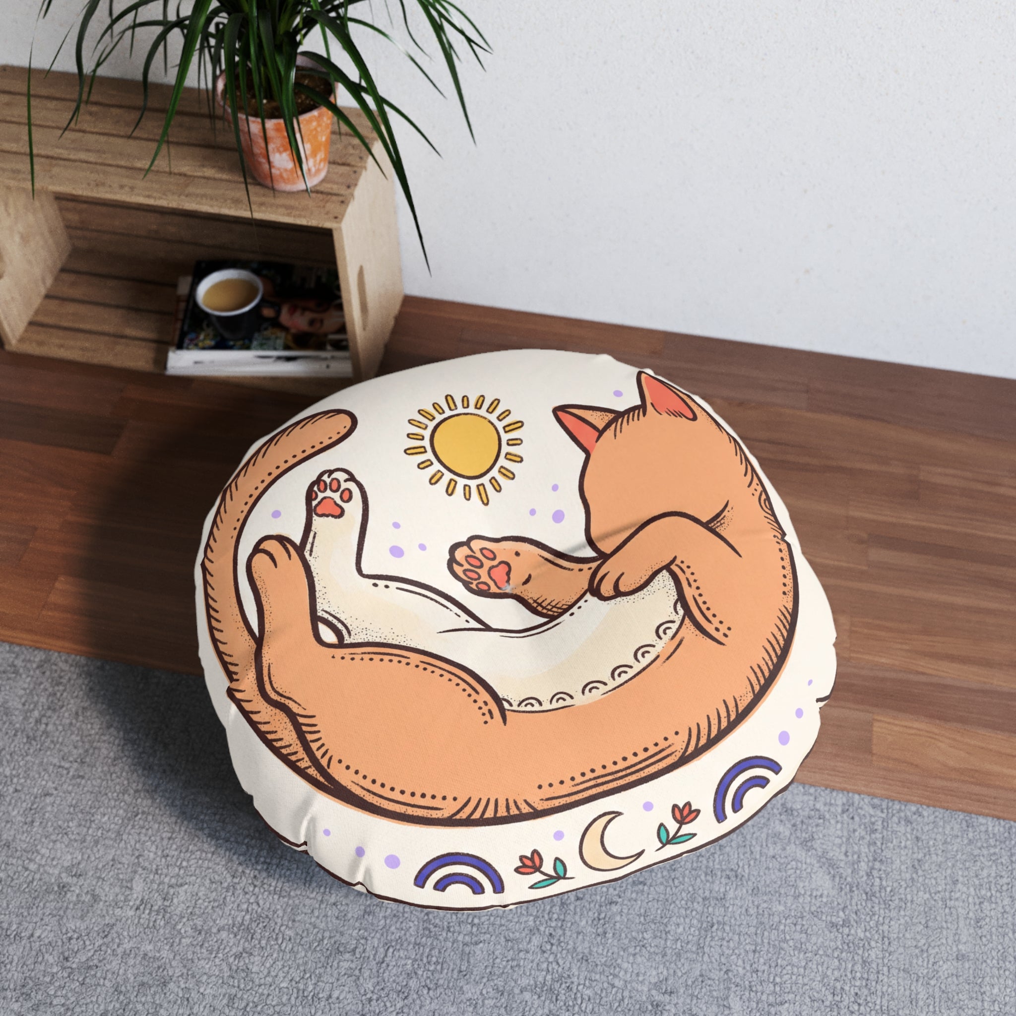Curled Cat Boho Round Floor Pillow