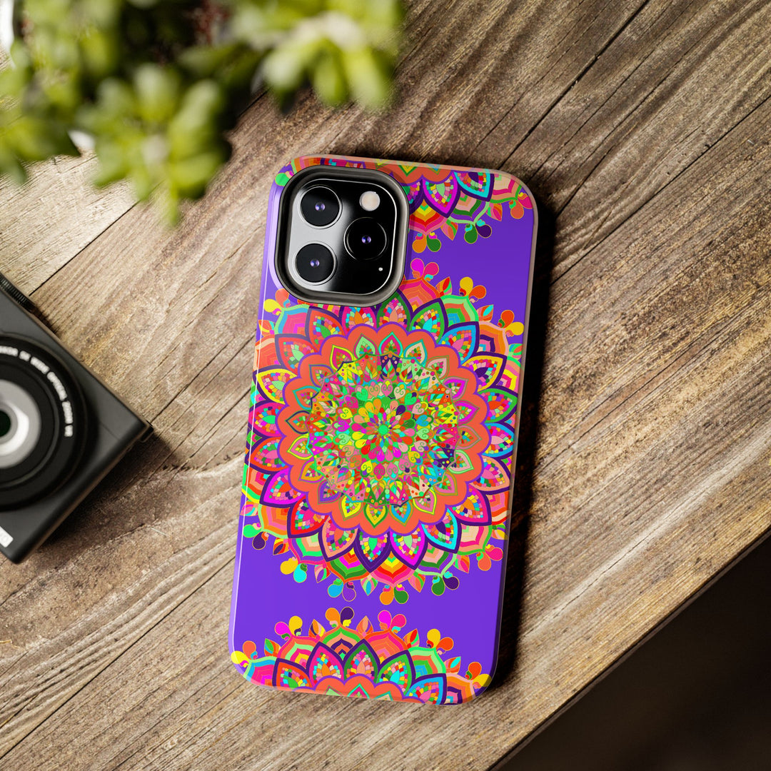 Hand drawn purple Mandala Art phone case featuring intricate floral design