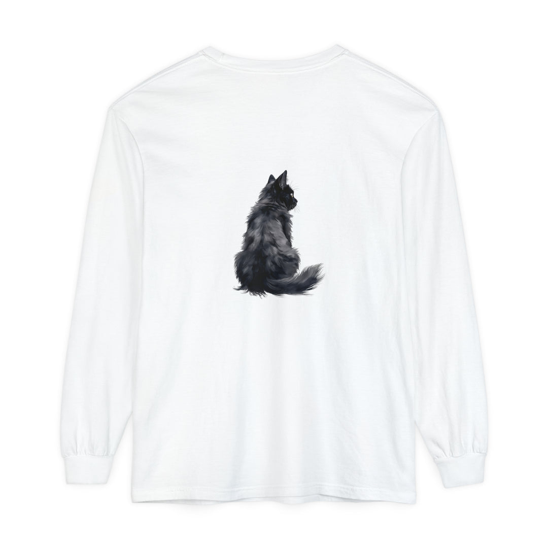 Black Cat Silhouette Unisex Long Sleeve T-Shirt in black, perfect for cat lovers and Halloween enthusiasts