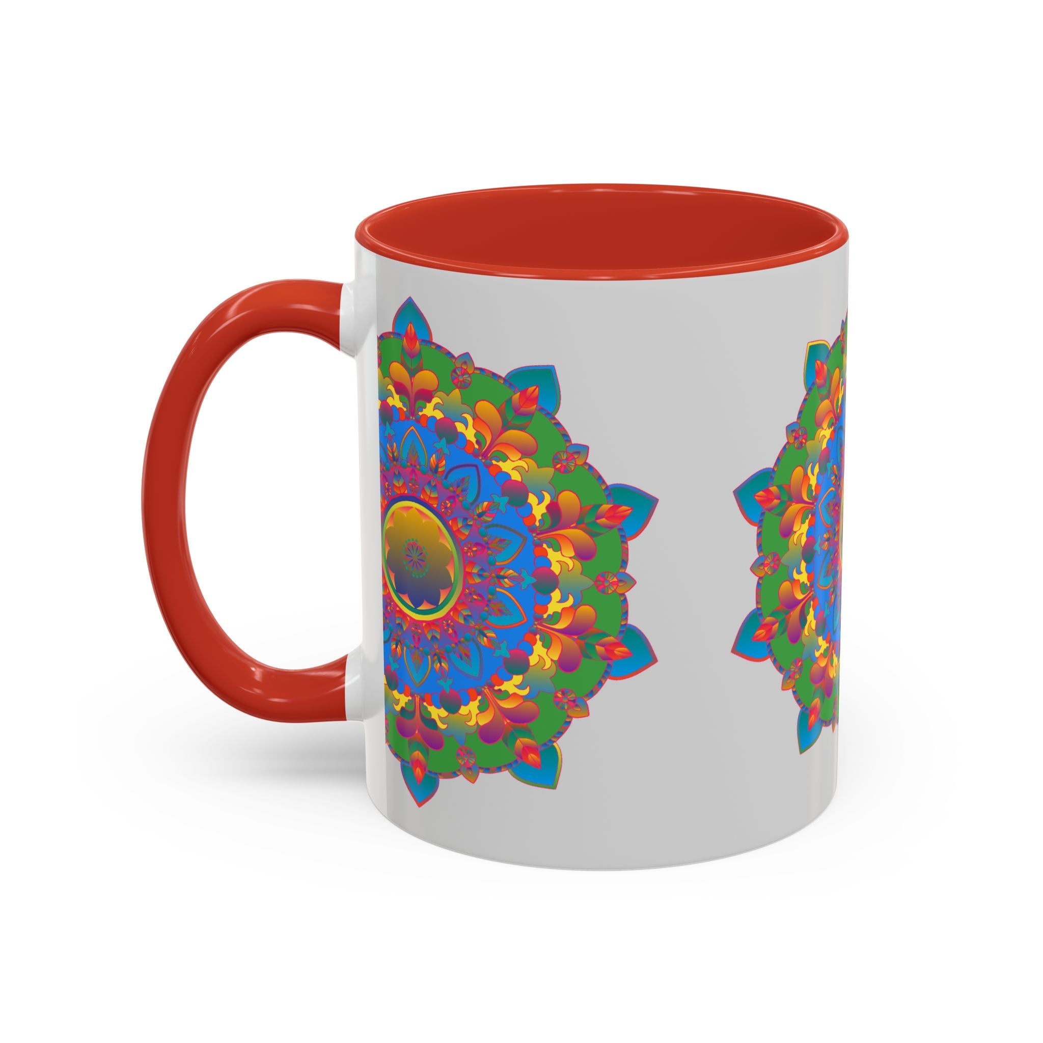 Grey mug adorned with a beautiful and colorful mandala flower design