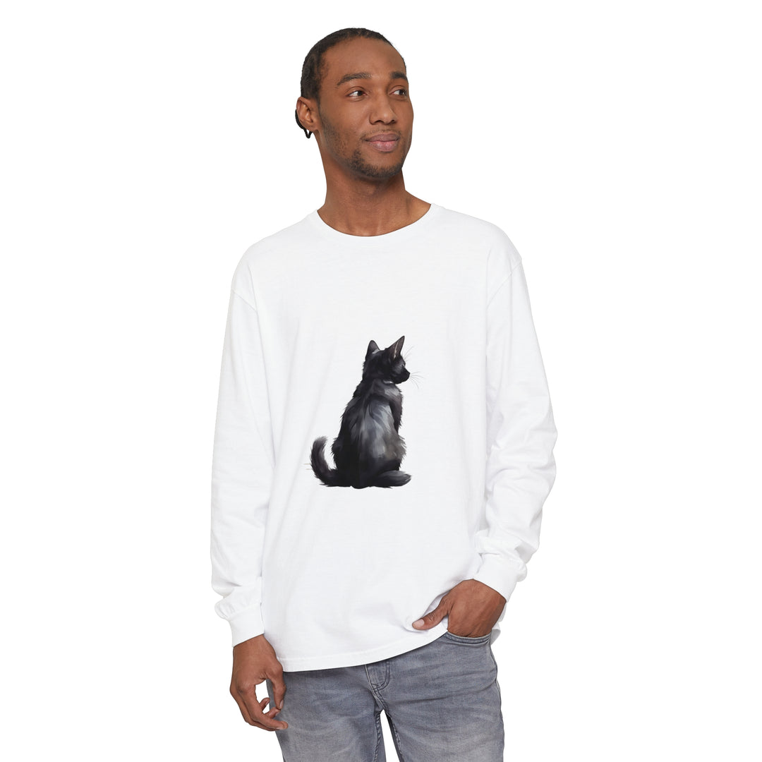 Black Cat Mystery unisex long sleeve tee in black with cat graphic