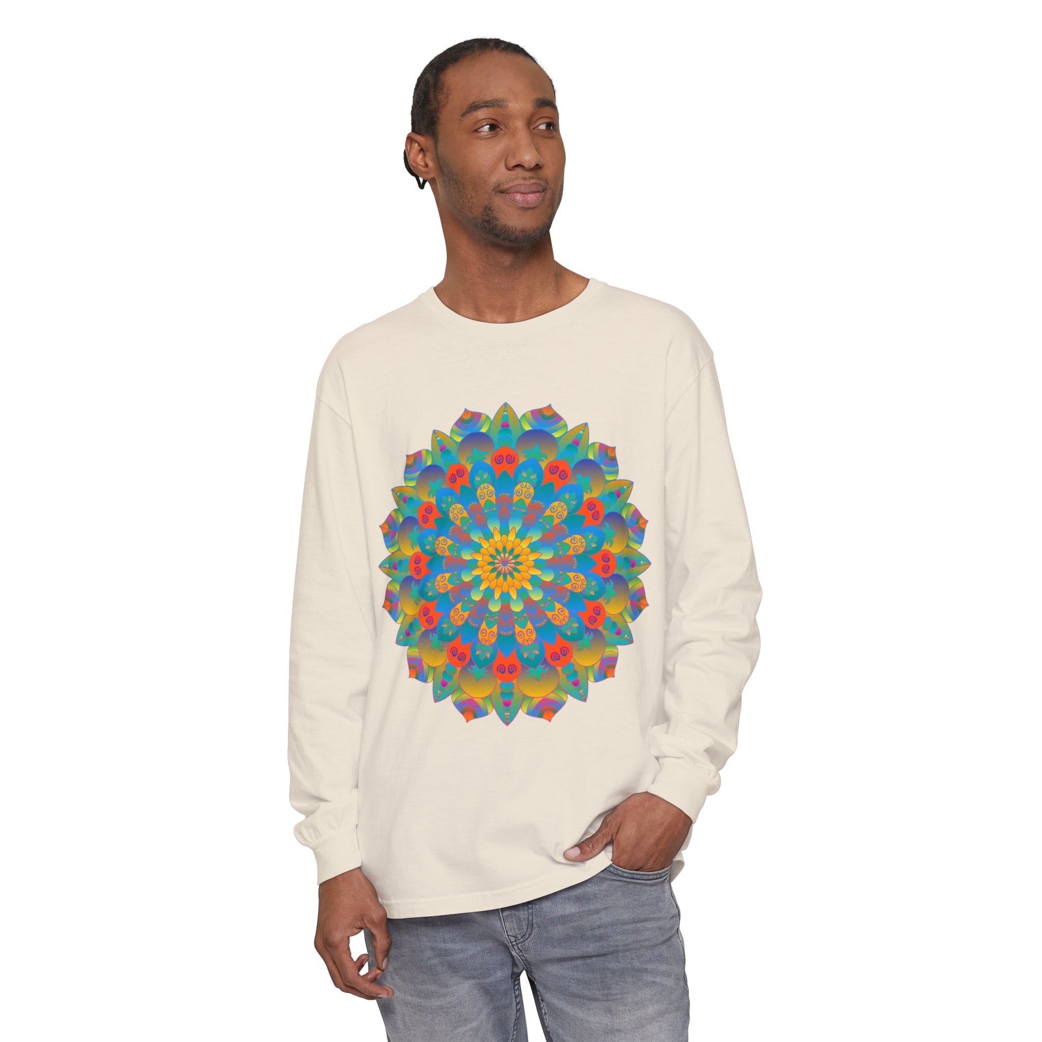 Colorful and intricate mandala design long sleeve unisex t-shirt, perfect for a vibrant and stylish look