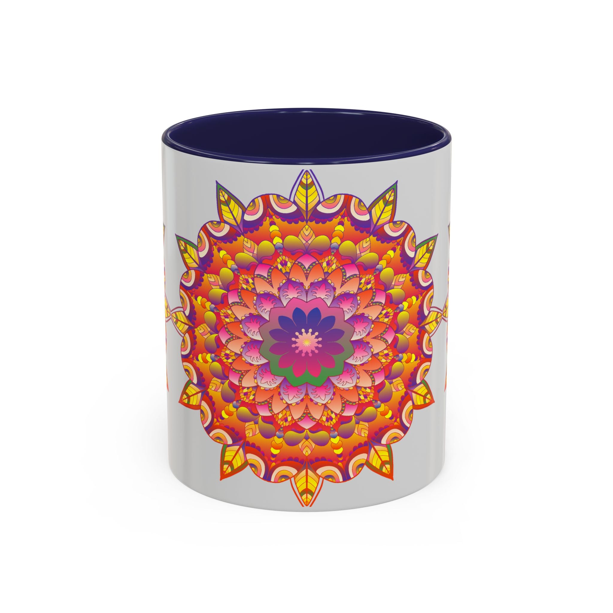 Beautiful mandala art mug with a colorful floral design and intricate details