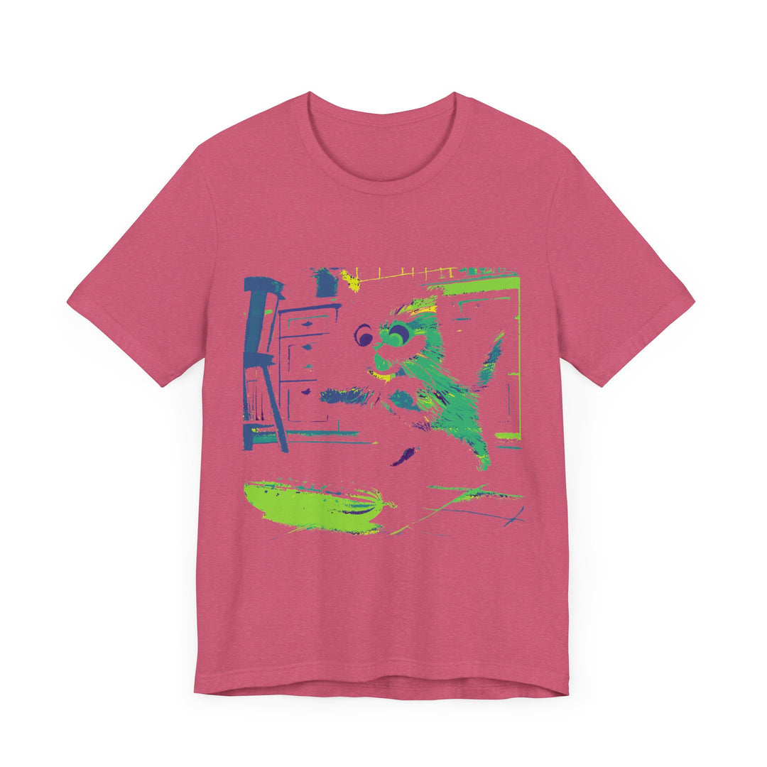 A black cat in a neon silhouette jumps away in fear from a cucumber, captured on a t-shirt design