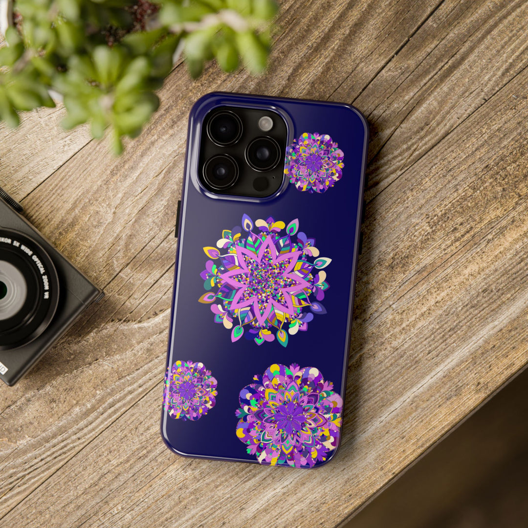 A durable and shock absorbent phone case with hand drawn mandala art in purple shades