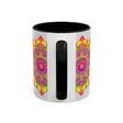 A close-up image of a grey Mandala Mug featuring vibrant and intricate art designs