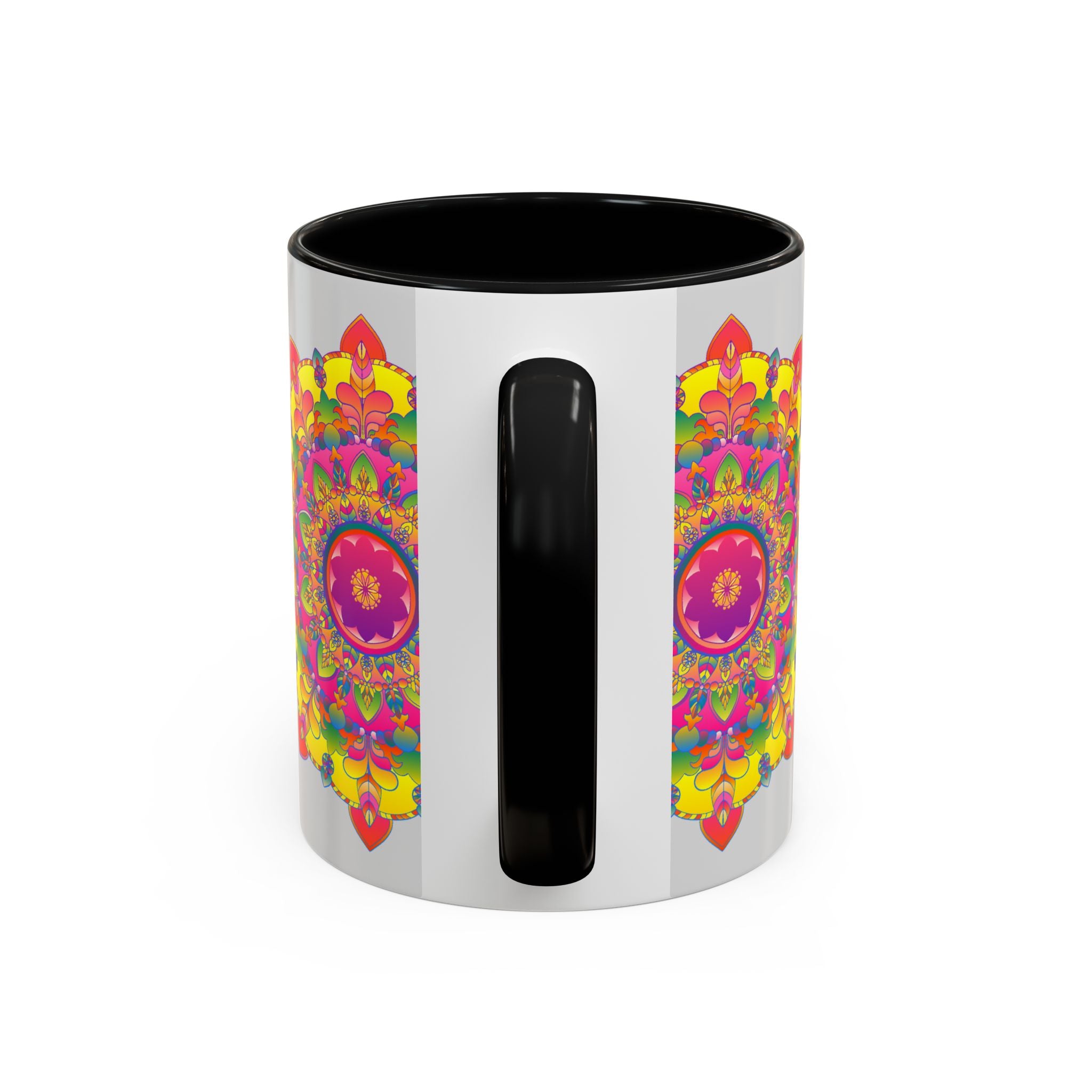 A close-up image of a grey Mandala Mug featuring vibrant and intricate art designs