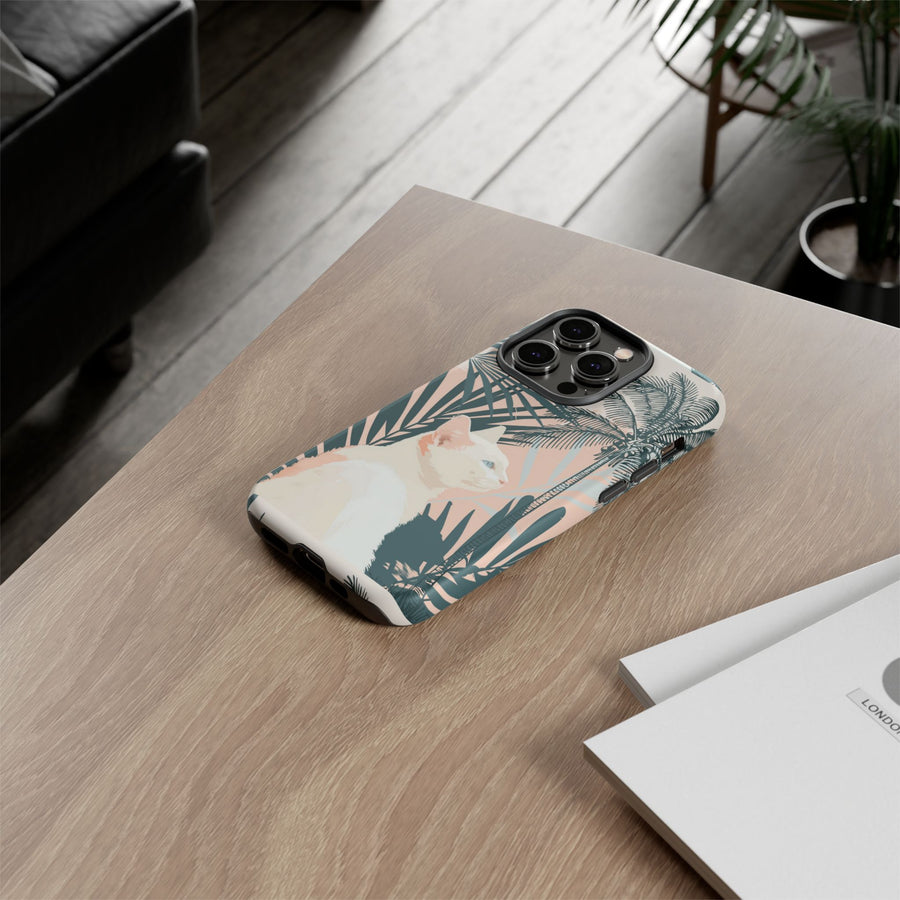 Tropical Cat Phone Case with Lush Palm Motifs and Soft Pastels