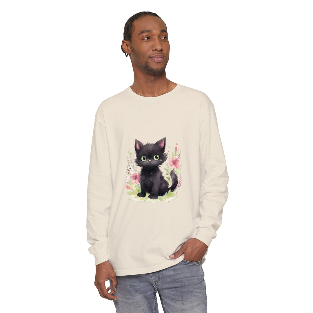 Adorable playful kitten surrounded by vibrant floral watercolor design on t-shirt