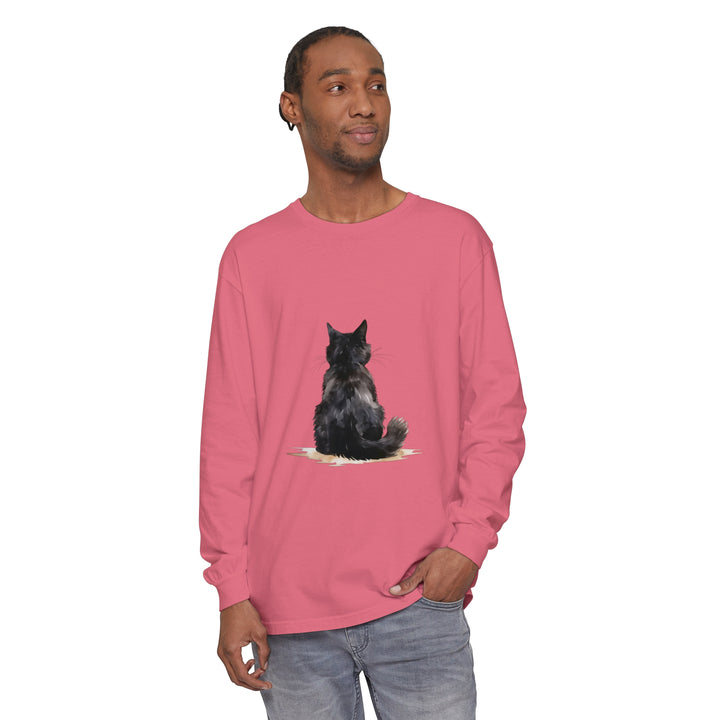 Black Cat Watercolor Long Sleeve T-Shirt, a unisex shirt featuring a stunning watercolor image of a black cat, perfect for any animal lover's wardrobe