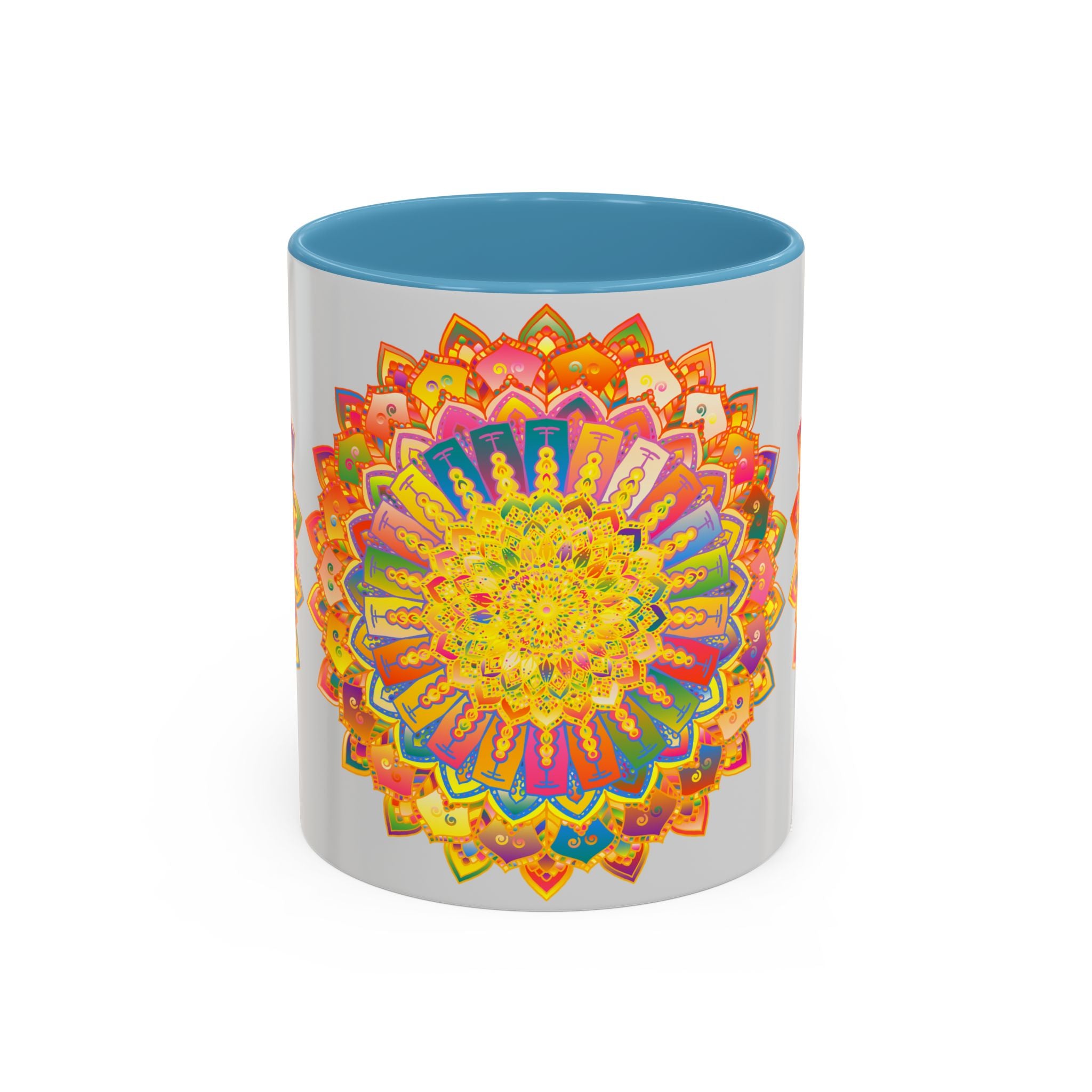 Unique and colorful mandala art on a grey ceramic mug