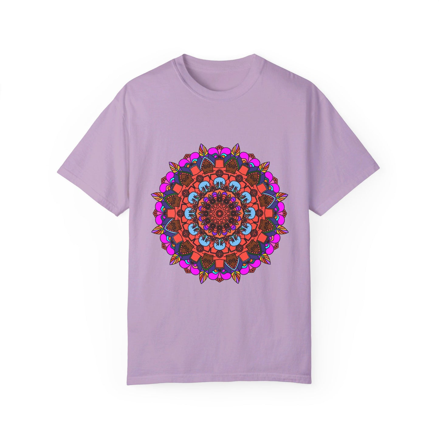 Unisex Mandala T-Shirt made from 100% ring-spun cotton, featuring hand-drawn mandala art and garment-dyed for extra comfort