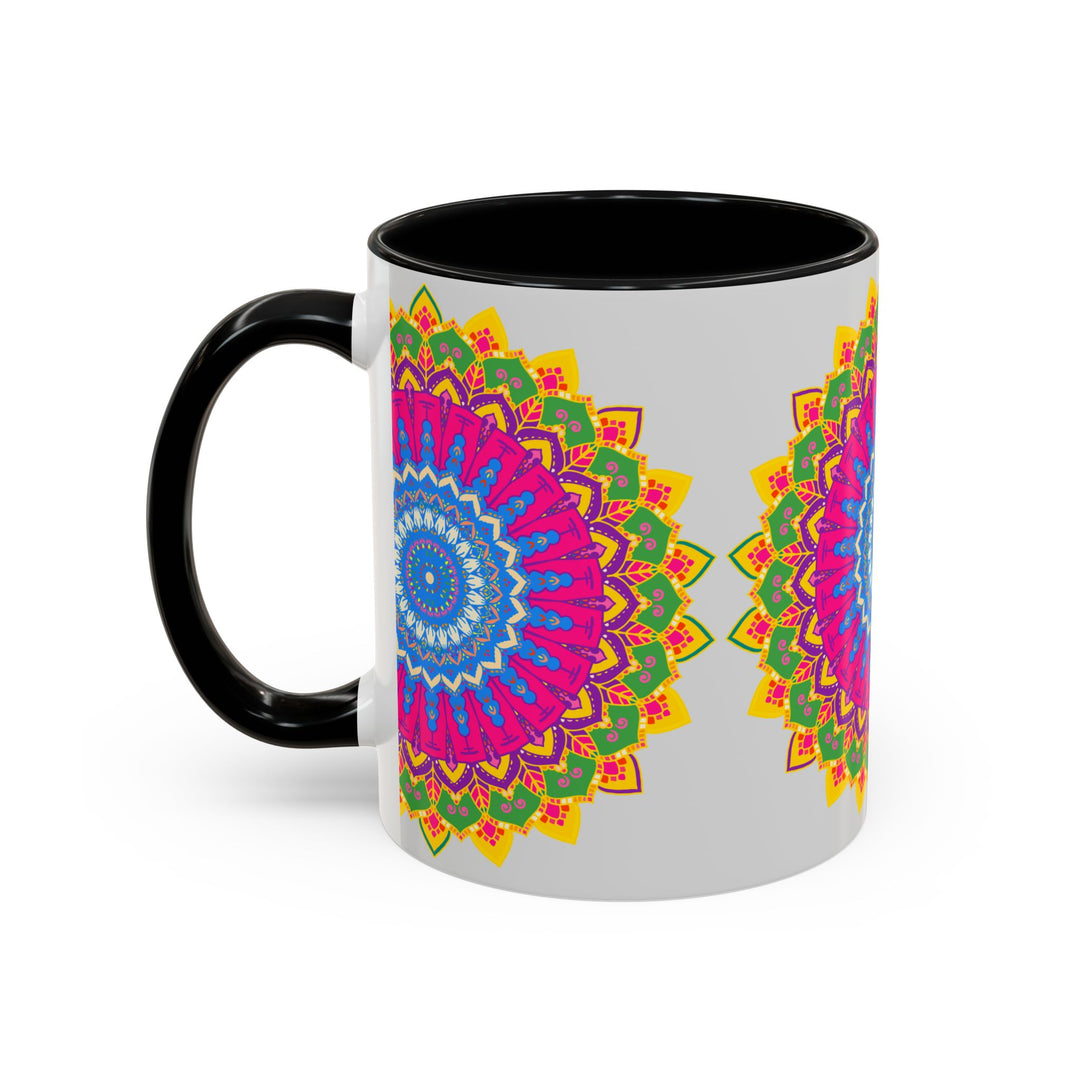 Colorful geometric design of a mandala art mug, perfect for sipping your favorite hot beverages in style