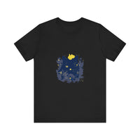 Black Cat Mystery T-Shirt featuring a whimsical design of colorful flowers
