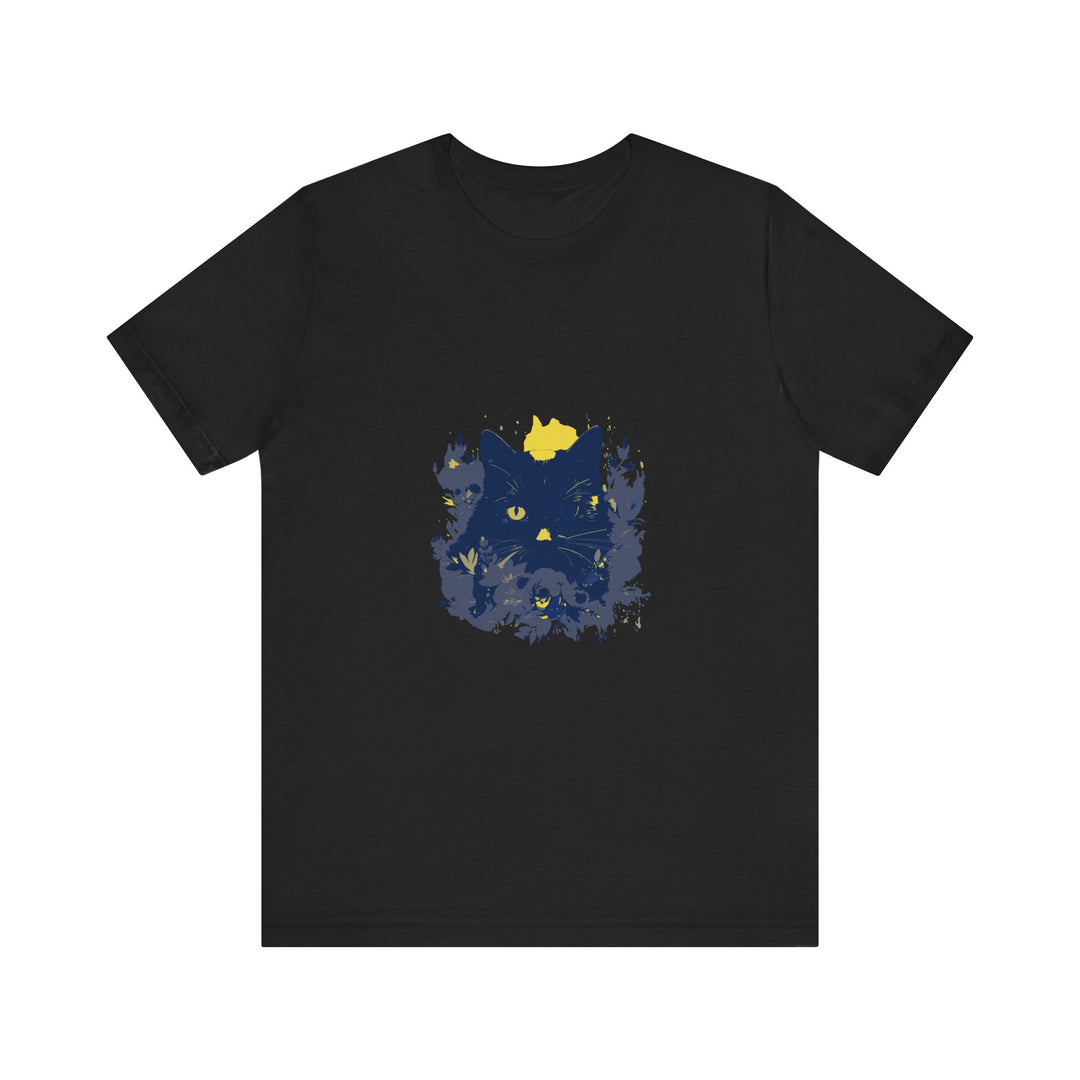 Black Cat Mystery T-Shirt featuring a whimsical design of colorful flowers