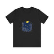 Black Cat Mystery T-Shirt featuring a whimsical design of colorful flowers