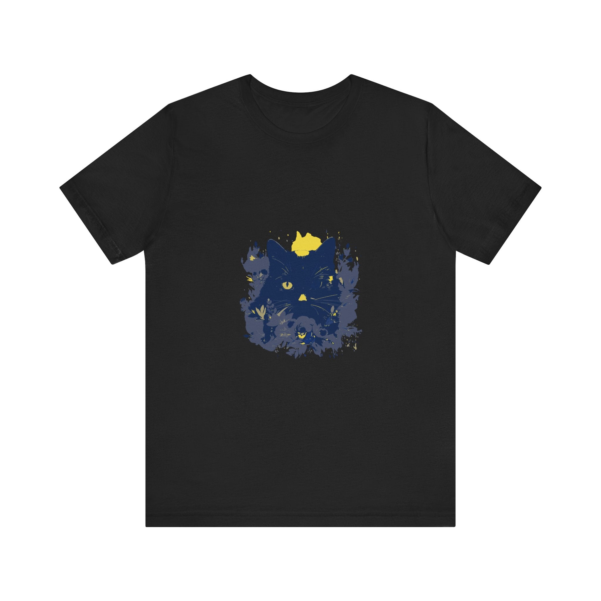 Black Cat Mystery T-Shirt featuring a whimsical design of colorful flowers