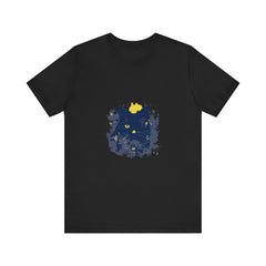 Black Cat Mystery T-Shirt featuring a whimsical design of colorful flowers