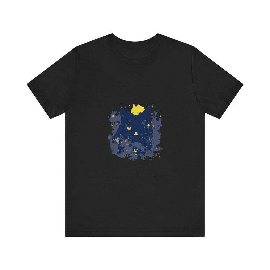 Black Cat Mystery T-Shirt featuring a whimsical design of colorful flowers