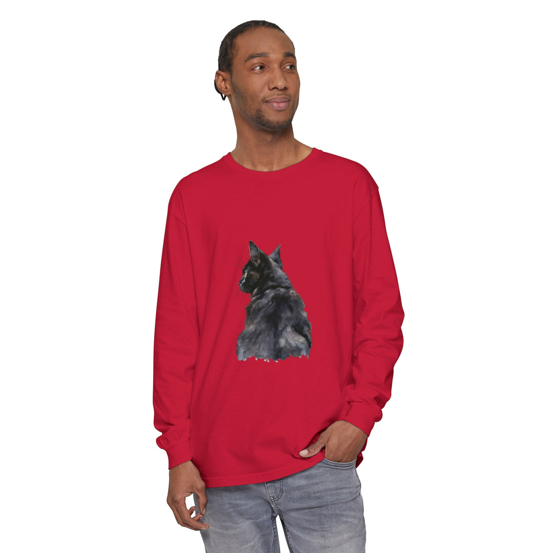 Long Sleeve T-Shirt with a stunning watercolor print of a black cat against a night sky, made with high-quality materials for a soft and cozy feel