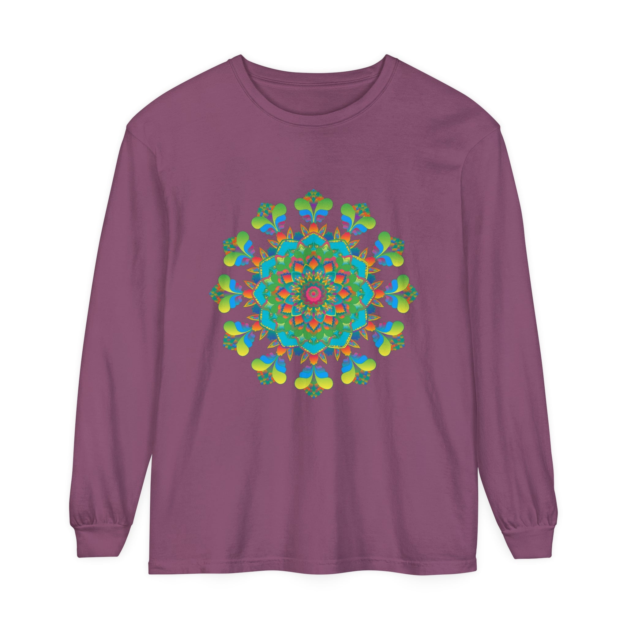 Colorful tie dye long sleeve t-shirt with intricate mandala design
