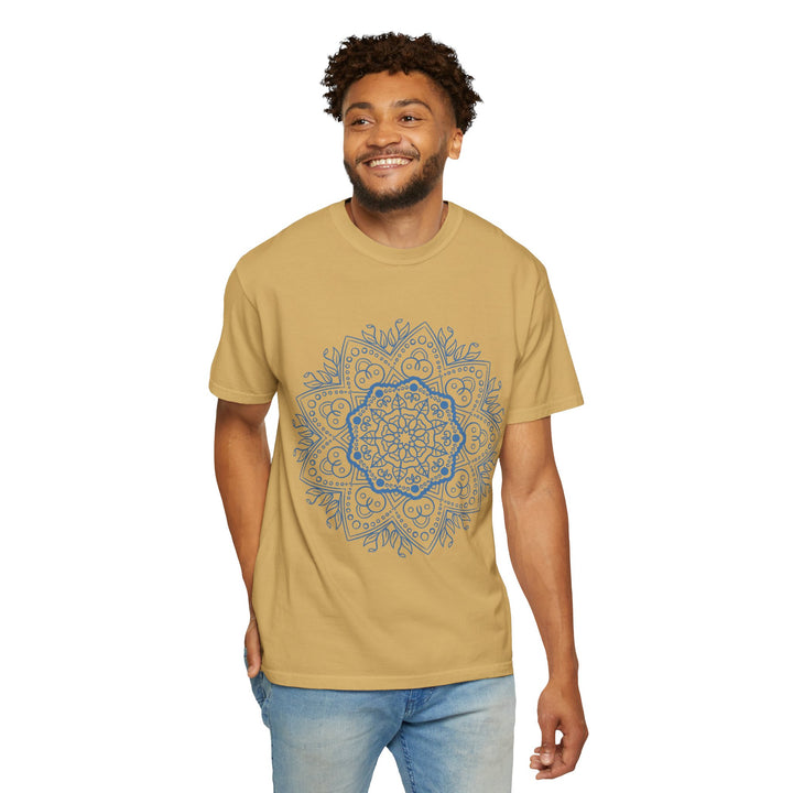 Colorful hand-drawn mandala art t-shirt on a unisex garment-dyed tee