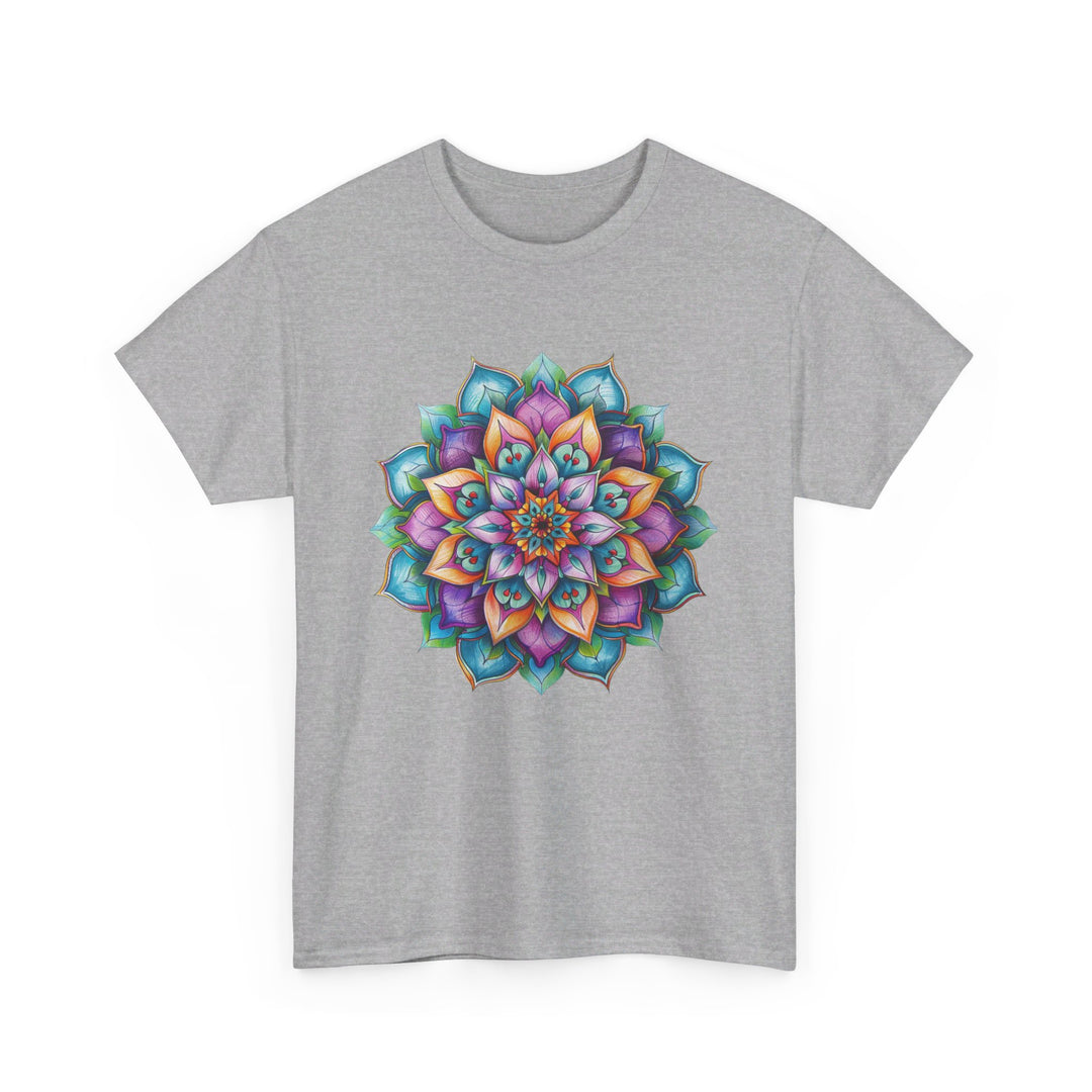 Stylish Mandala Art Yoga Mindfulness - Unisex Heavy Cotton Tee featuring vibrant and symbolic mandala design