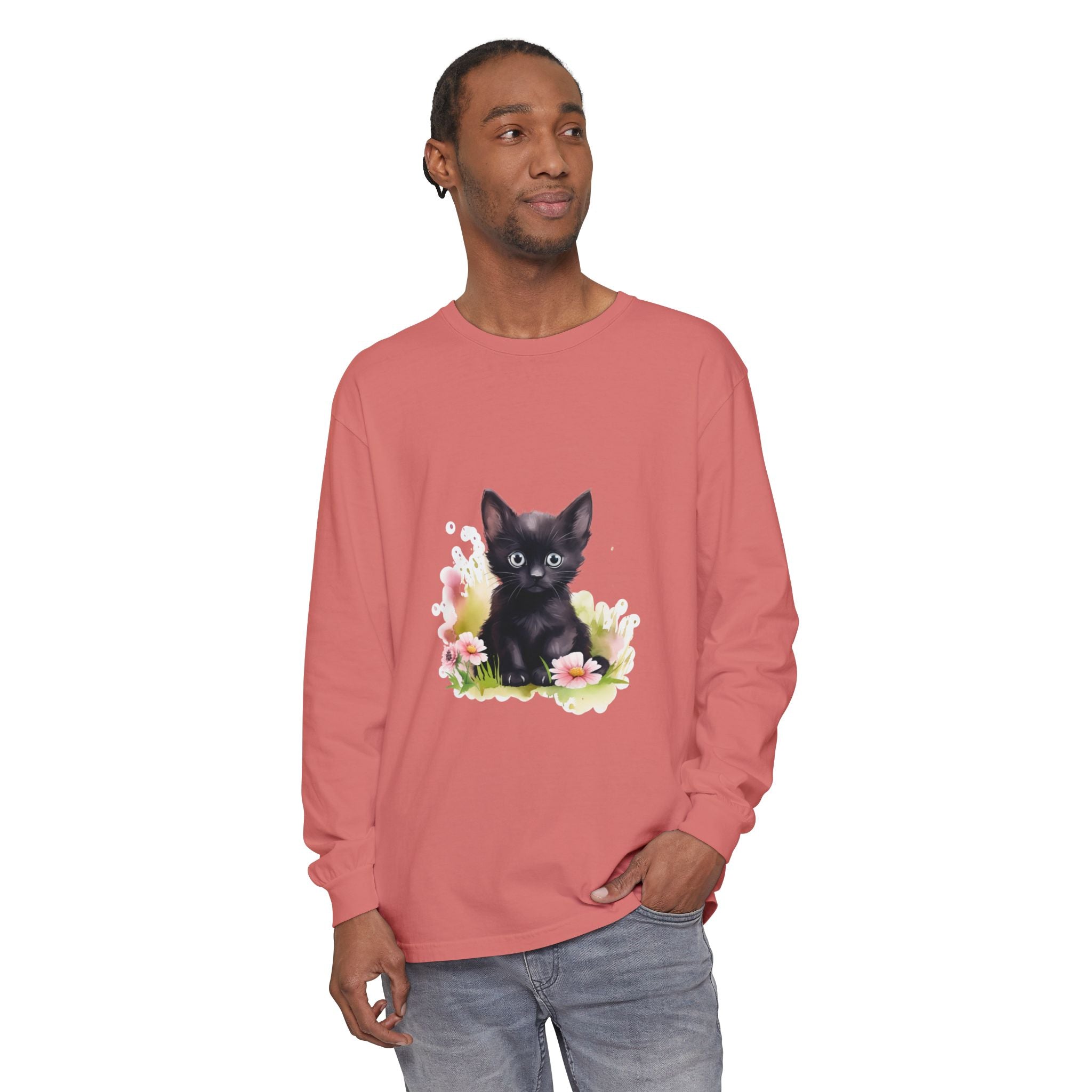 Langarmshirt | Schwarzes Kätzchen & rosa Blumen