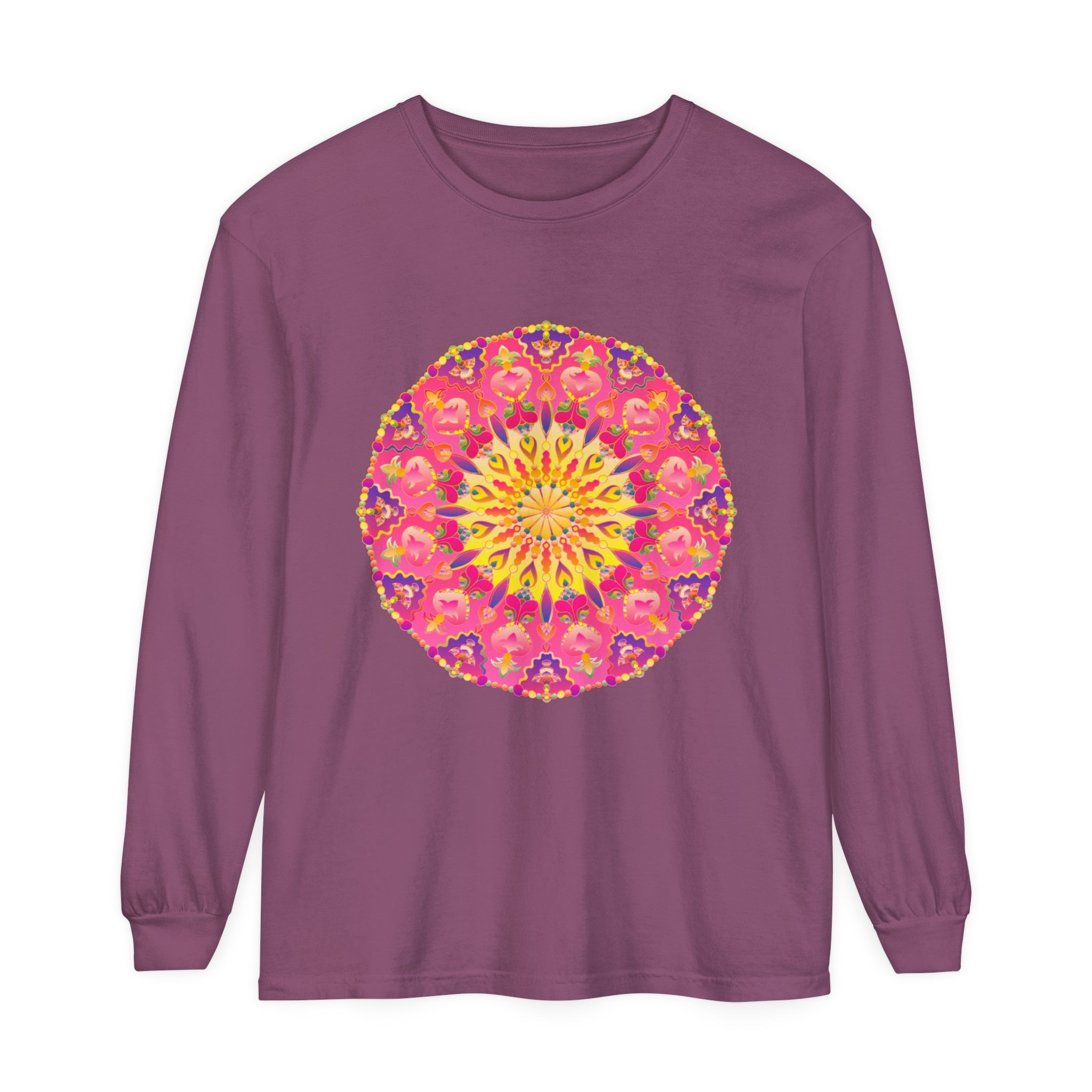 Colorful and intricate mandala design printed on a unisex long sleeve t-shirt