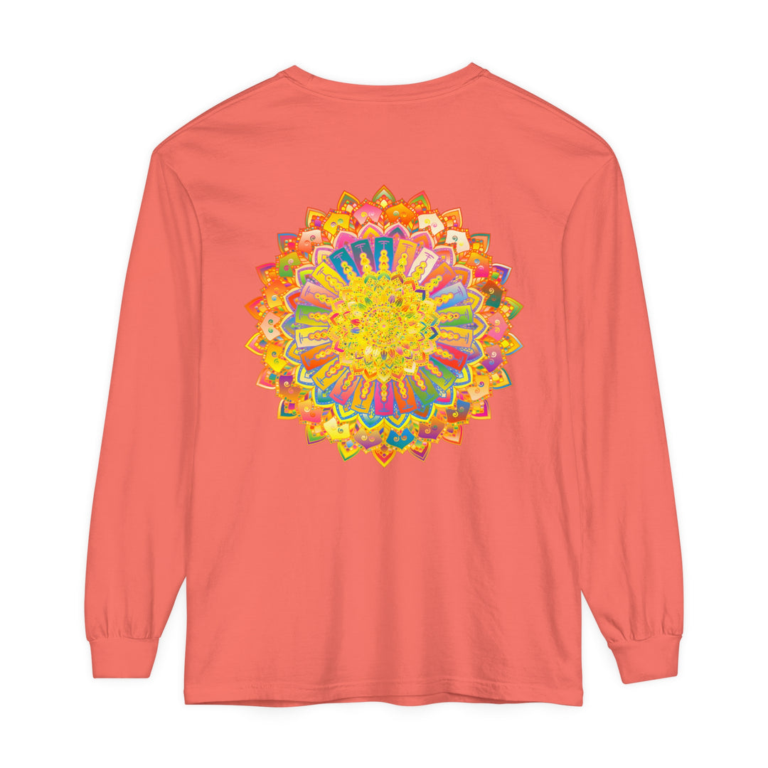 A close-up image of an intricate mandala design printed on a unisex long sleeve t-shirt in vibrant colors