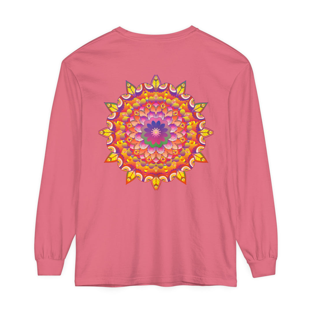 Colorful, detailed mandala design on a unisex long sleeve t-shirt