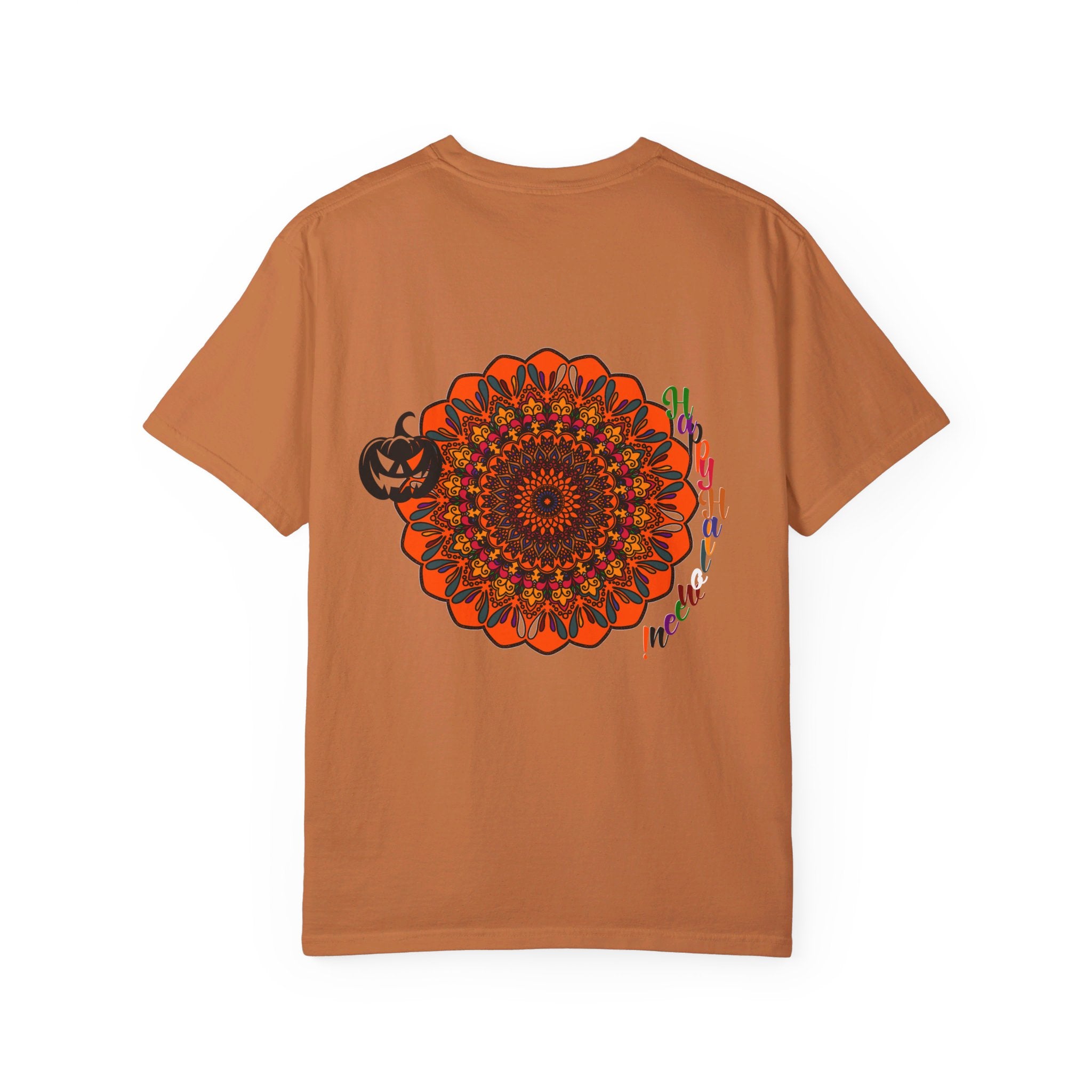 Handmade unisex t-shirt with intricate pumpkin mandala art, perfect for Halloween