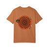 Handmade unisex t-shirt with intricate pumpkin mandala art, perfect for Halloween