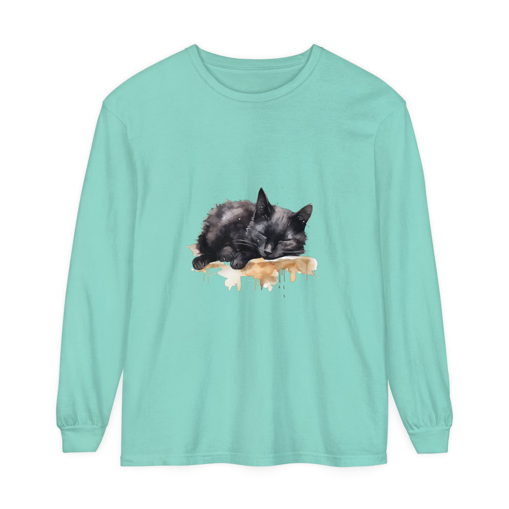 A comfortable black t-shirt featuring a watercolor design of a sleeping cat