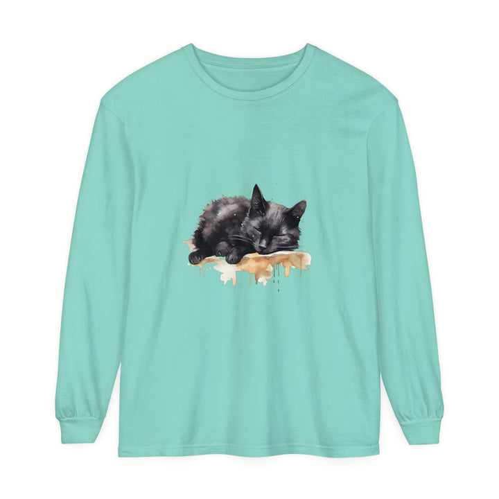 A comfortable black t-shirt featuring a watercolor design of a sleeping cat