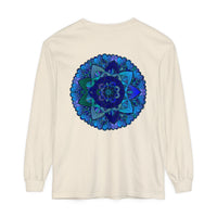 Dark blue and green mandala long sleeve t-shirt with intricate design