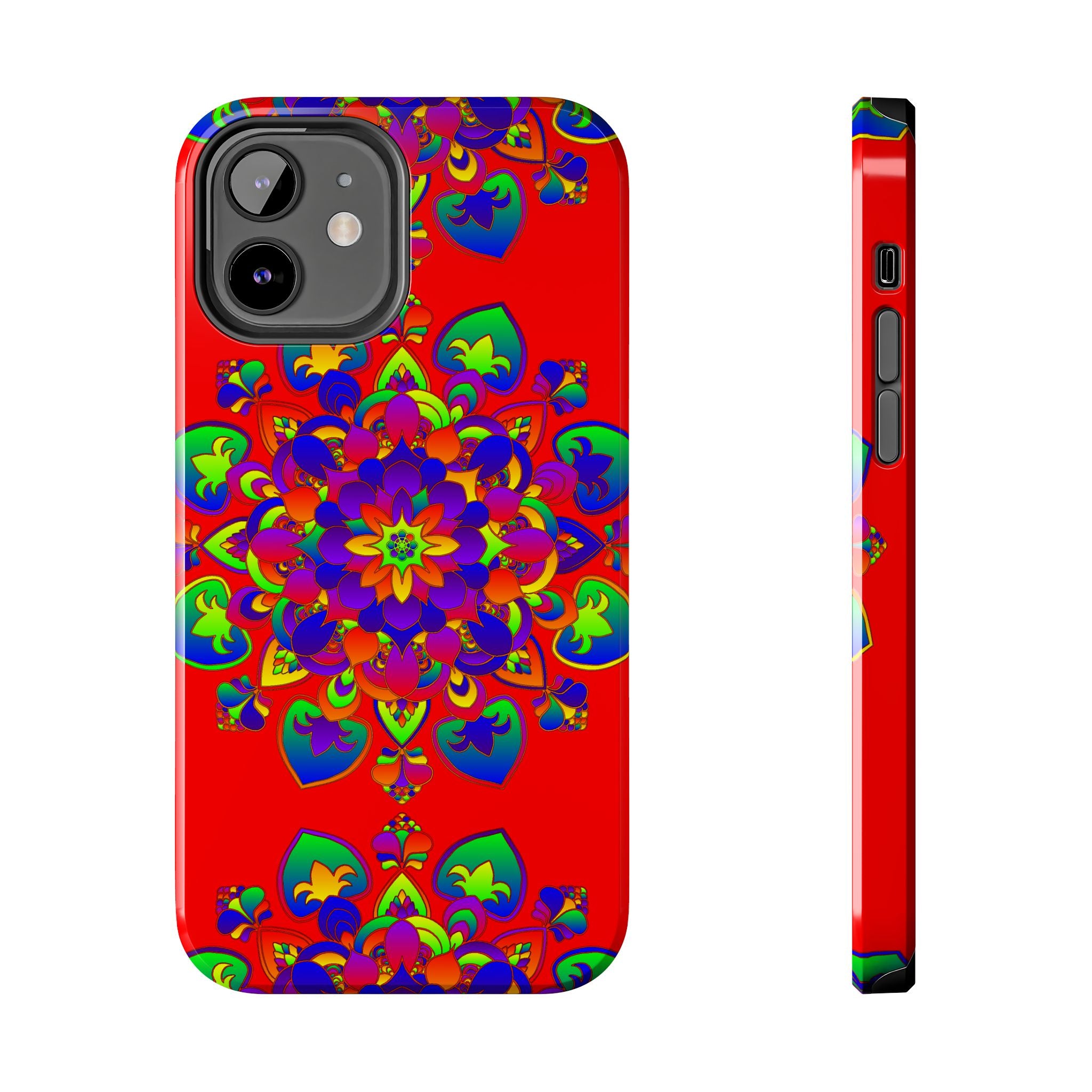 Hand drawn mandala art red phone case with intricate, detailed design