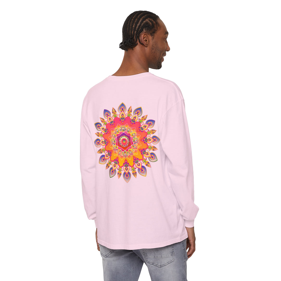 Colorful and intricate mandala design featured on long sleeve unisex t-shirt