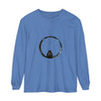 A close-up image of a black Mystifying Sphere Unisex Long Sleeve T-Shirt with a captivating design of an abstract sphere in vibrant colors