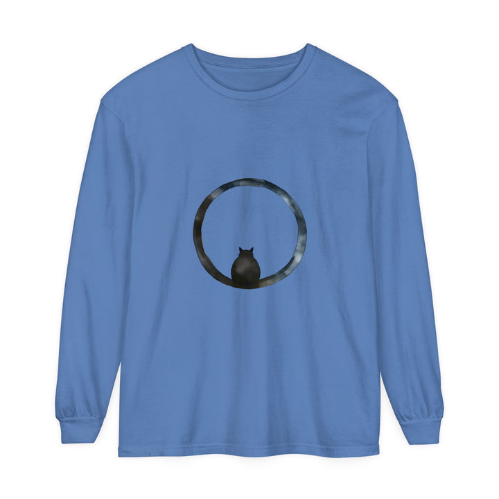 A close-up image of a black Mystifying Sphere Unisex Long Sleeve T-Shirt with a captivating design of an abstract sphere in vibrant colors