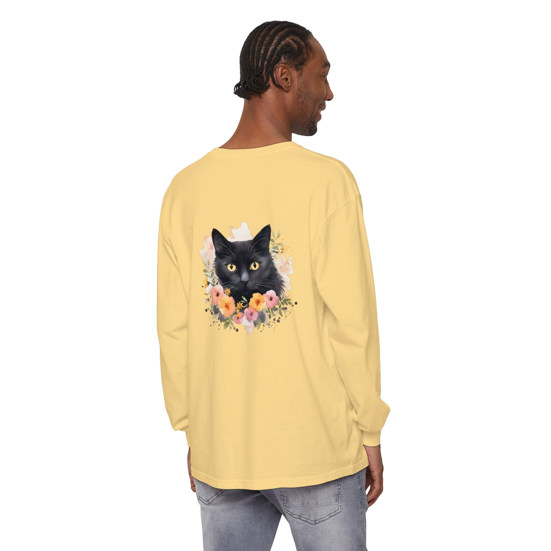 Black Cat Floral Portrait Unisex T-Shirt with vibrant colors and intricate design