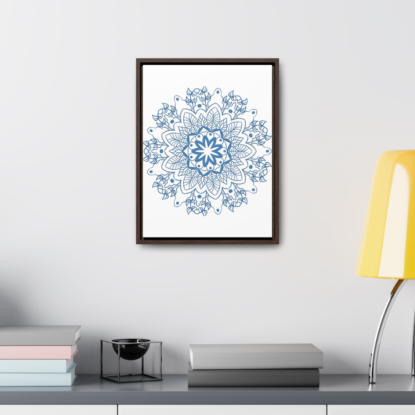 Mandala Handmade Art featuring a steel blue design on gallery canvas wraps, perfect for vertical framing and adding a touch of elegance to your space