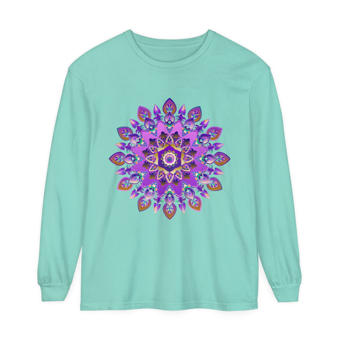 Vibrant purple and gold mandala design long sleeve t-shirt for women