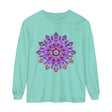 Vibrant purple and gold mandala design long sleeve t-shirt for women