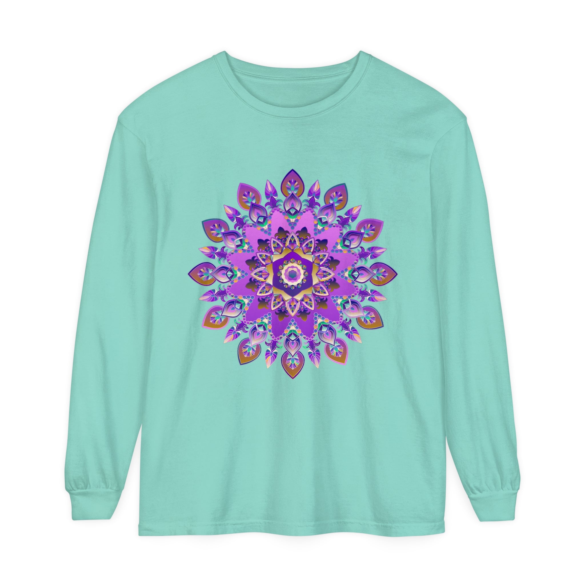 Vibrant purple and gold mandala design long sleeve t-shirt for women