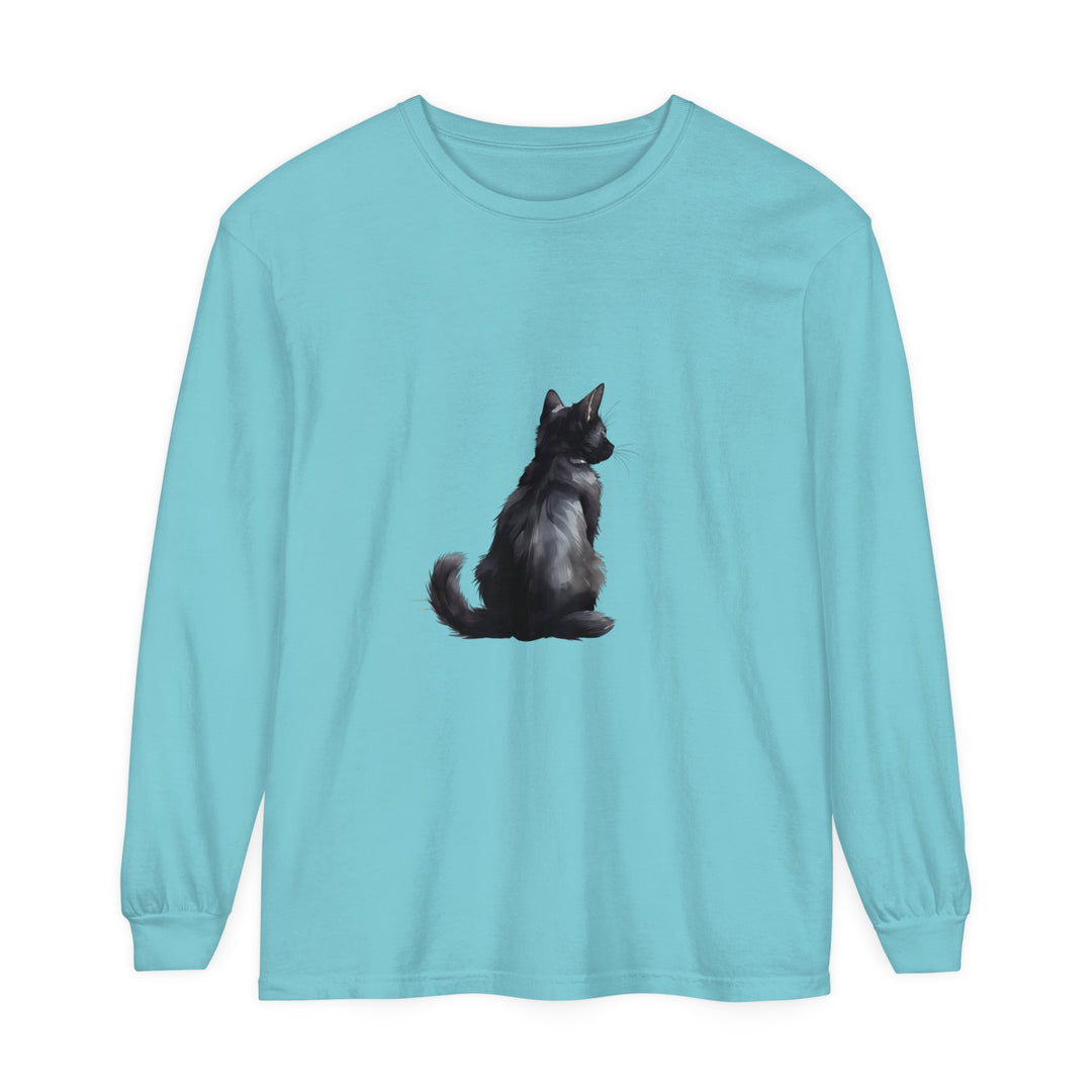 Black Cat Mystery unisex long sleeve tee featuring a spooky black cat design