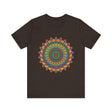 A close-up image of a vibrant and intricate mandala meditation tee with vibrant colors and intricate designs